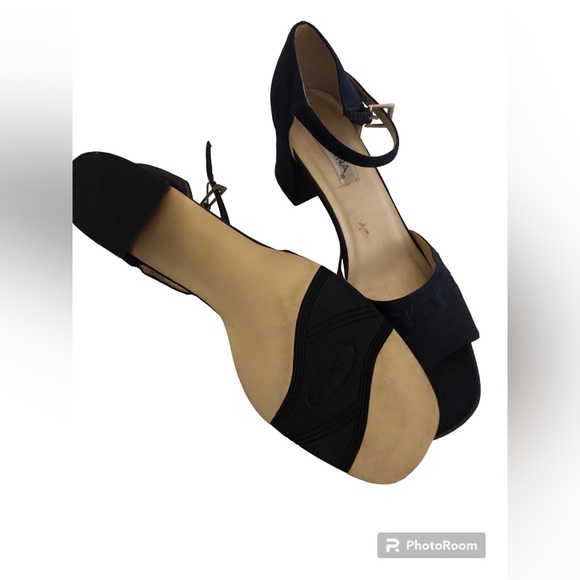 Navy Blue Block Heal Open Toe Fabric Sling Backs by Corsina Size 10 M - Picture 2 of 4